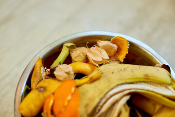Top view of organic composting with leftover from kitchen, Recycling scraps concept, Sustainable...