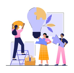 Dedicated team concept. Young Man and women hold puzzle pieces and assemble light bulb. Characters come up with new business ideas. Employee management. Cartoon modern flat vector illustration