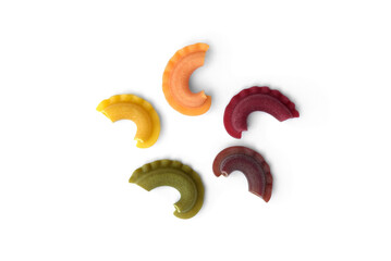 Colorful pasta isolated on white background.
