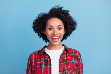 Portrait of young good mood excited cheerful afro girl see huge sale discount black friday isolated...