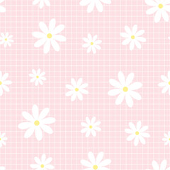 Plaid pattern with flowers pink and white seamless vector pattern. Designs for prints, wallpaper, textiles, tablecloths, checkered backgrounds.