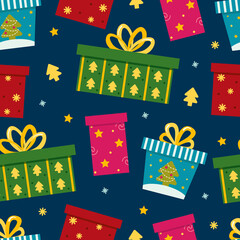 Seamless pattern for festive packaging. Vector background with gift boxes for decoration of gift wrapping, office supplies, postcards. Seamless pattern with gift boxes. Blue pattern