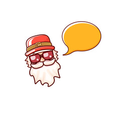 Santa Claus head with Santa red hat and hipster sunglasses and speech bubble isolated on white background. Santa Claus label or sticker design. Christmas greeting card template