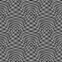 Optical warped seamless pattern of black distorted zigzag lines. Psychedelic repeatable texture.