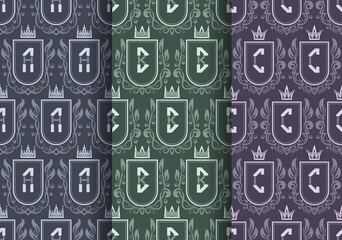 Set of vintage seamless patterns with A, B, C monograms. Repeatable texture of heraldic royal coats of arms with initial letters.