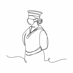 Vector continuous one single line drawing icon of woman soldier in protective medical mask  in silhouette on a white background. Linear stylized.