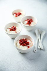 Traditional homemade rice pudding with wild strawberry