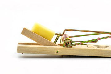 A macro photo of a cheese cube lying on a pawl in a mousetrap, isolated on a white background.