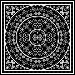 Slovak folk art vector black tribal mandala in frame design with geometric shapes inspired by traditional house paintings from village Cicmany in Zilina region, Slovakia
