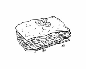 A piece of lasagna drawn with a black outline. icon, doodle. Vector illustration