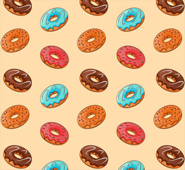 Donut set: with pink, chocolate, blue and caramel icing. Donut pattern.