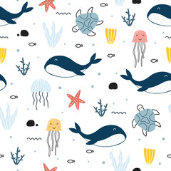 Blue whale with sea life seamless cute cartoon background. Designs used for textiles, clothing styles, prints, wallpapers, vector illustrations.