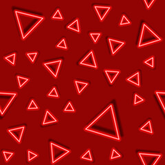 Abstract neon seamless pattern from triangle. Red glowing geometric figures background.