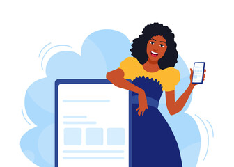 A girl seller showing a smartphone. A saleswoman advertising mobile phone. A template with copy space. A vector cartoon illustration.