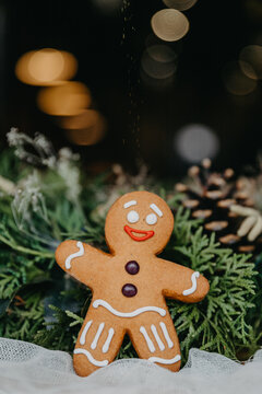 Festive Christmas composition of gingerbread cookies in the shape of a man. Xmas Background
