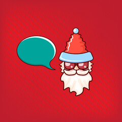 Santa Claus head with Santa red hat and hipster sunglasses and speech bubble isolated on red background. Santa Claus label or sticker design. Christmas greeting card template