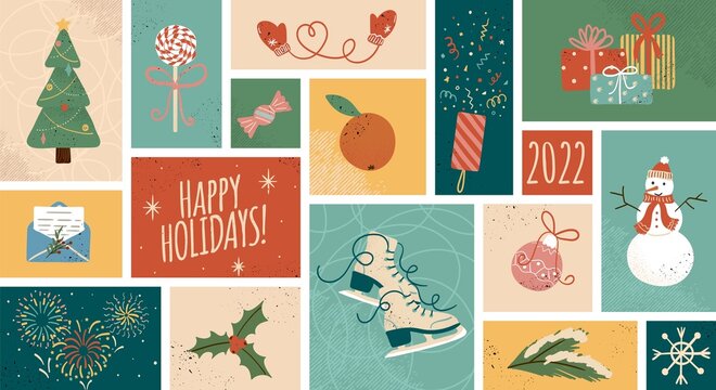 Merry christmas background and happy new year greeting card template. Winter holiday vector illustrations in vintage style. Christmas tree and gifts. 2022 new year hand drawn poster