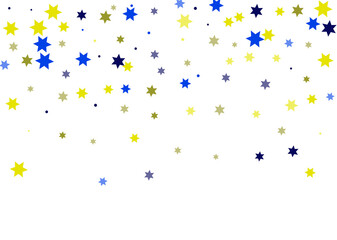 Bright yellow and blue stars scattered on a white background. Festive background. Design element. Vector illustration, EPS 10.