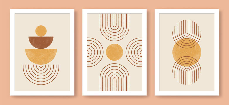 Abstract modern art with geometric balance shapes. Abstract arch, moon, earth print