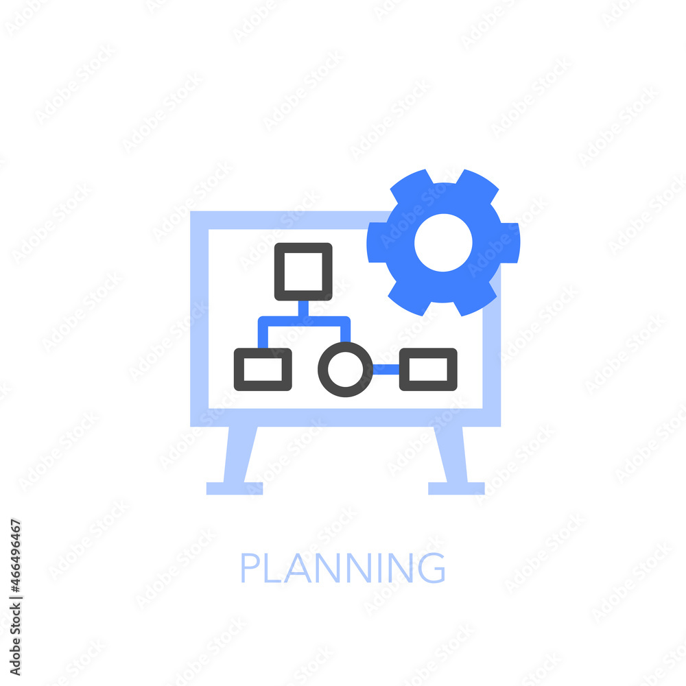 Poster Planning symbol with a white board and a process flow diagram. Easy to use for your website or presentation.