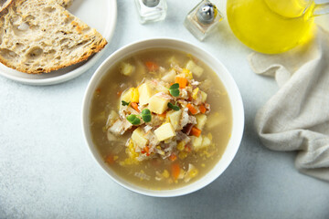 Homemade crab soup with vegetables
