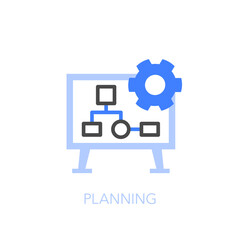 Planning symbol with a white board and a process flow diagram. Easy to use for your website or presentation.
