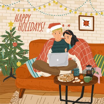 Happy couple sitting and hugging each other. Holiday vector illustration. Romantic couple relaxing and enjoying Christmas mood at home. Man and woman sitting on sofa under plaid and watching movie