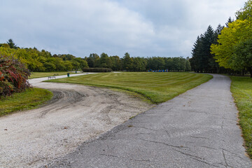Long asphalt path in Citadel park with trees and lamps around next to big green glade