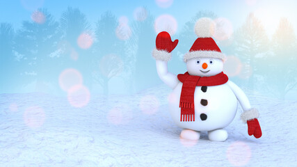 A winter character of a cartoon snowman in a Santa Claus hat. Christmas and New Year banner. 3D Render