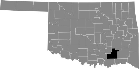 Black highlighted location map of the Atoka County inside gray administrative map of the Federal State of Oklahoma, USA