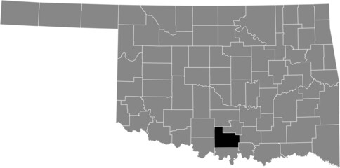 Black highlighted location map of the Carter County inside gray administrative map of the Federal State of Oklahoma, USA