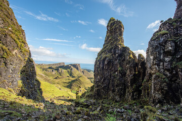 The Quiraing is a landslip on the eastern face of Meall na Suiramach, the northernmost summit of the Trotternish on the Isle of Skye, Scotland. UK.
