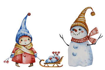 Childish character watercolor illustration - gnome with sledges and snowman. Isolated over white background.