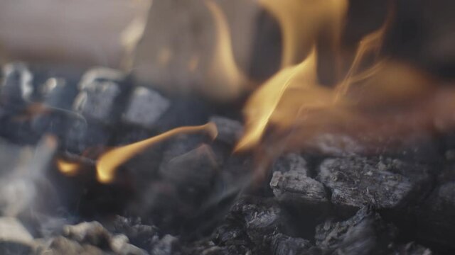 Close up of wood fire burning in slow motion