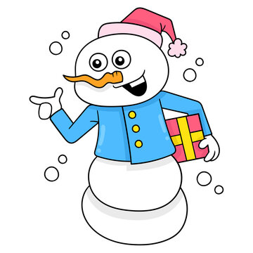 Walking Snowman Brings A Surprise Christmas Gift, Doodle Icon Image Kawaii