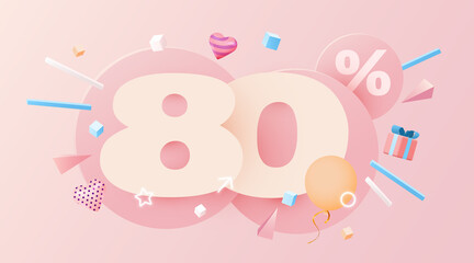80 percent Off. Discount creative composition. 3d sale symbol with decorative objects, heart shaped balloons and gift box. Sale banner and poster.