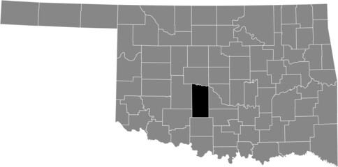 Black highlighted location map of the Grady County inside gray administrative map of the Federal State of Oklahoma, USA