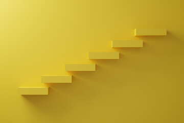 Fototapeta premium Yellow block stack as stair step on yellow background. Success, climbing to the top, Progression, business growth concept. 3D Render Illustration.