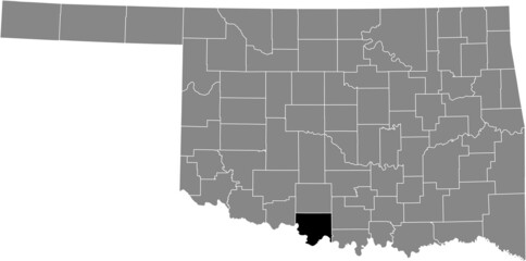 Black highlighted location map of the Jefferson County inside gray administrative map of the Federal State of Oklahoma, USA