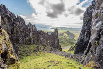 The Quiraing is a landslip on the eastern face of Meall na Suiramach, the northernmost summit of the Trotternish on the Isle of Skye, Scotland. UK.
