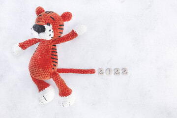 Symbol of the New Year 2022 red tiger, Top view, Copyspace
