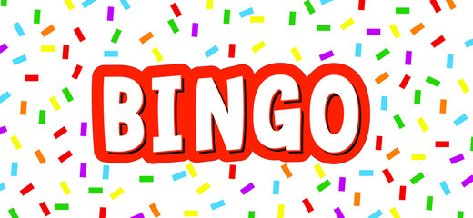 Slogan bingo for lottery with confetti. Game of chance to win for young and old. Cartoon vector logo or symbol. 