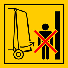 mssn43 MachineSafetySignNew mssn - german - Warnzeichen: Fahrzeug mit Klappe . Nicht im Schwenkbereich aufhalten . Halten Sie sich vom Schwenkbereich der Klappe fern . truck unloads dumping. g10833