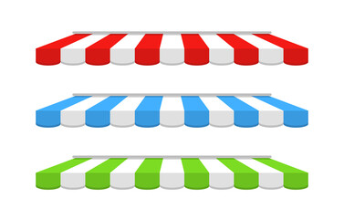 Tent of shop. Awning on cafe. Roof of marketplace. Red, blue, green-white stripe canopy for store or market. Striped sunshade for restaurant, circus and marquee. Parasol on white background. Vector