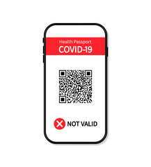 Vaccine certificate not valid in smartphone. Covid passport with red pass in screen of phone. App for control of immune. Test of corona virus in health passport. Qr code for travel and safety. Vector