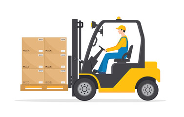 Forklift with driver. Forklift truck with man of driving. Fork lift with pallet on warehouse. Flat cartoon illustration. Icon of worker on machine in warehouse with box, cargo and package. Vector