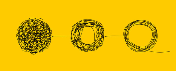 Untangle mind. Psychotherapy concept. Logo of chaos, tangle and change with help of coach. Transformation of brain. Evolution of mind after psychologist. Abstract doodle symbol. Vector