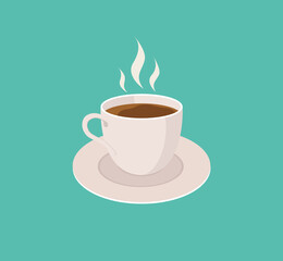 Cup with coffee. Mug of espresso or tea. Flat icon of hot drink in cafe. Mug with coffe and smoke in cartoon style. Illustration for breakfast. Banner of coffee. Logo for cafeteria. Vector