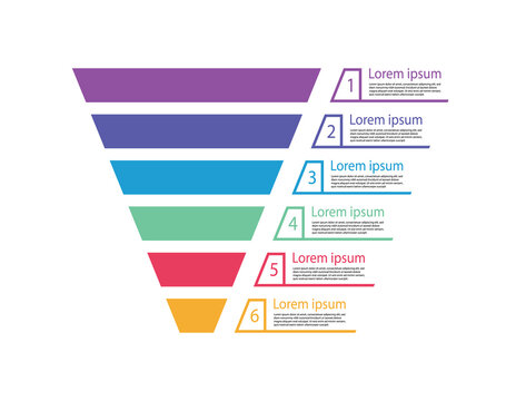 Funnel sale. Pyramid for infographic of process. Chart of marketing. Diagram with cone and step. Graphic template for funnel sales. Graph with level, option and target. Business hierarchy. Vector