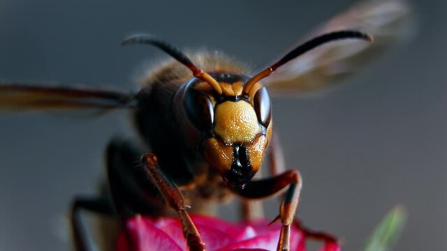 A wasp on a flower macro view. Commom european wasp. Paper wasp.Vespula vulgaris. Insect in nature.